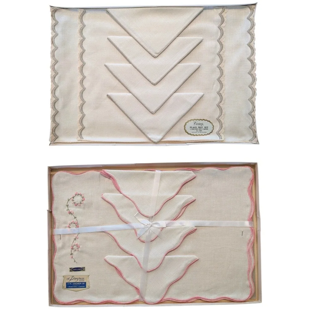 2 Vintage Linen Placemat Napkin Sets Cream Floral Scalloped MCM Unused
